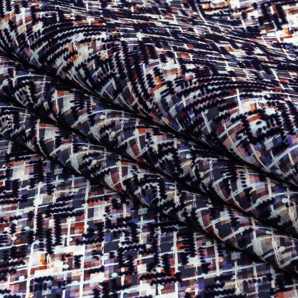 Evening Blue Geometric Flocking on Crushed Berry, Steel and White Abstract Printed Cotton Shirting Folded Evening Blue Geometric Flocking on Crushed Berry, Steel and White Abstract Printed Cotton Shirting Folded