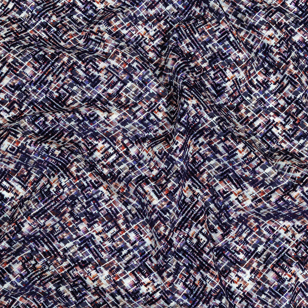 Evening Blue Geometric Flocking on Crushed Berry, Steel and White Abstract Printed Cotton Shirting Evening Blue Geometric Flocking on Crushed Berry, Steel and White Abstract Printed Cotton Shirting