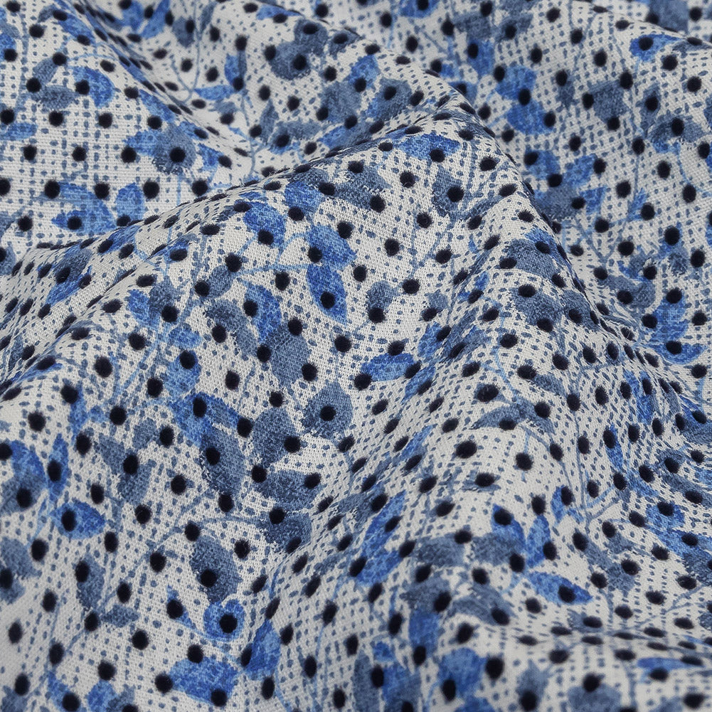 Black Flocked Polka Dots on Blue and White Leaves and Dots Stretch Cotton Shirting Detail Black Flocked Polka Dots on Blue and White Leaves and Dots Stretch Cotton Shirting Detail