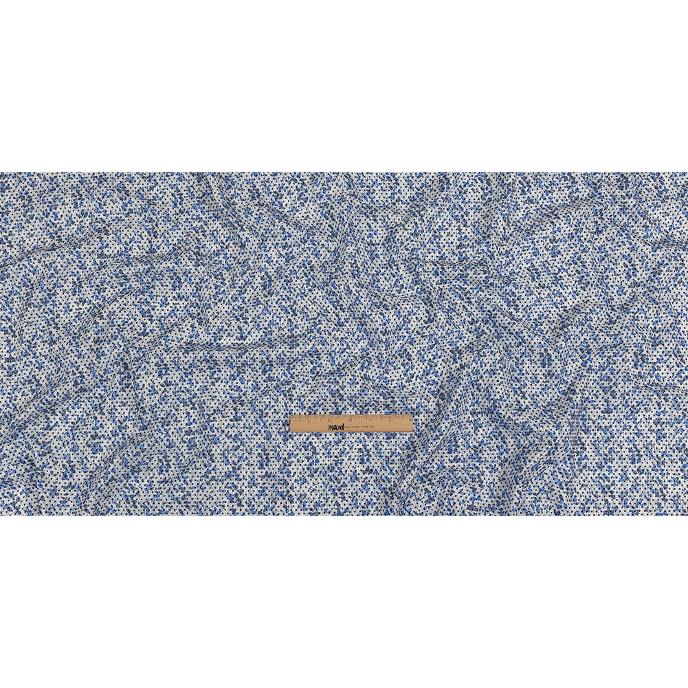 Black Flocked Polka Dots on Blue and White Leaves and Dots Stretch Cotton Shirting Full Black Flocked Polka Dots on Blue and White Leaves and Dots Stretch Cotton Shirting Full