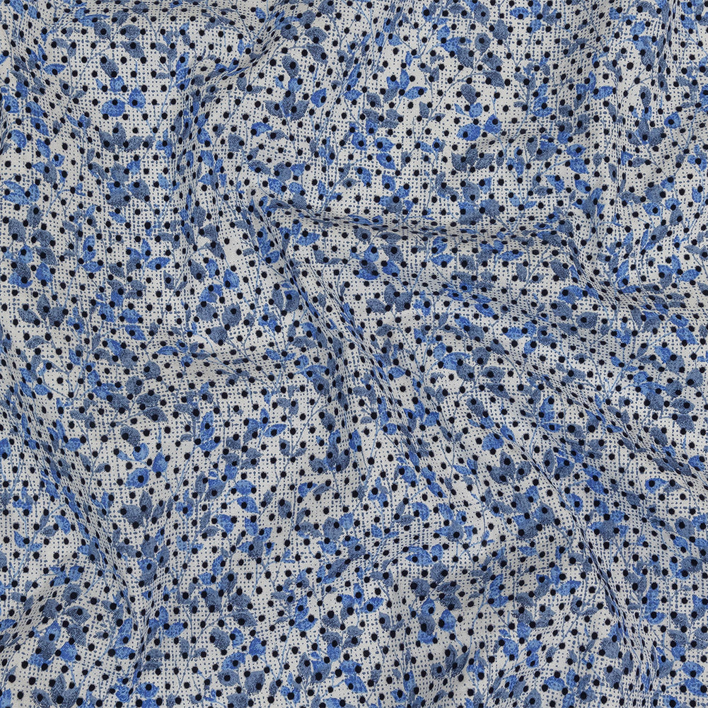 Black Flocked Polka Dots on Blue and White Leaves and Dots Stretch Cotton Shirting Black Flocked Polka Dots on Blue and White Leaves and Dots Stretch Cotton Shirting