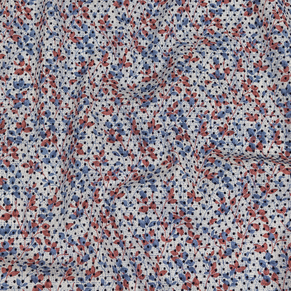 Black Flocked Polka Dots on Red, White and Blue Leaves and Dots Stretch Cotton Shirting Black Flocked Polka Dots on Red, White and Blue Leaves and Dots Stretch Cotton Shirting