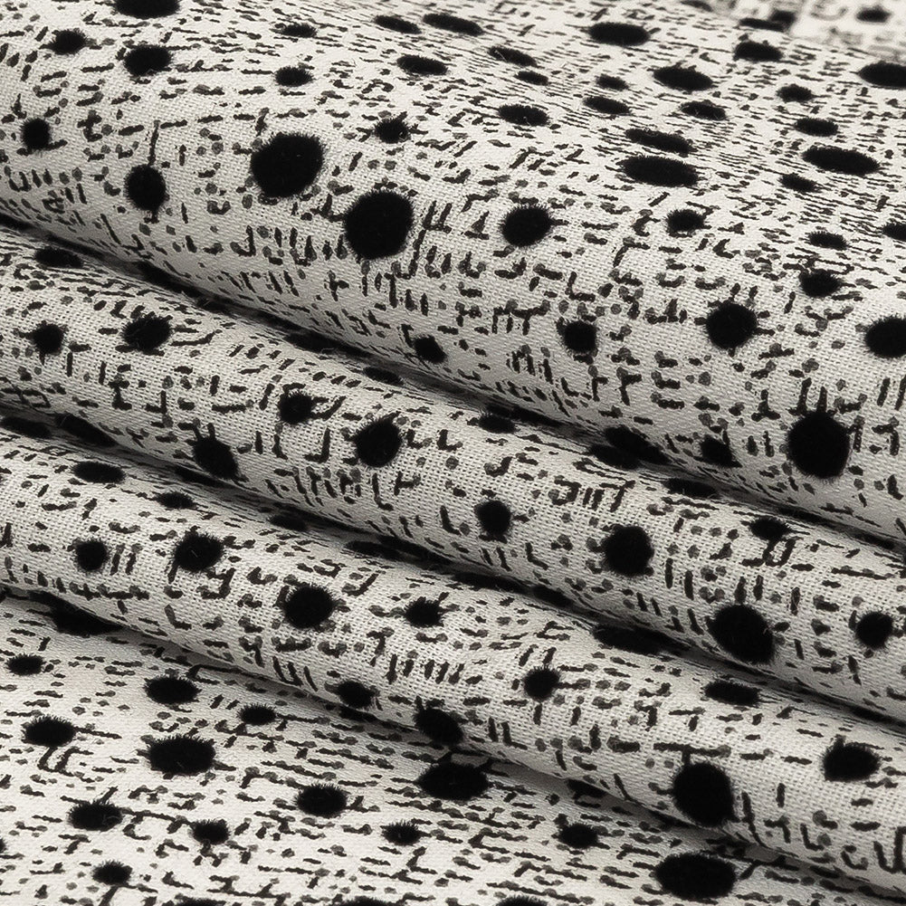 Black Flocked Polka Dots on Gray and White Abstract Stretch Cotton Shirting Folded Black Flocked Polka Dots on Gray and White Abstract Stretch Cotton Shirting Folded