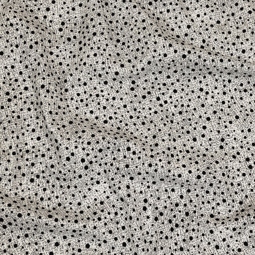 Black Flocked Polka Dots on Gray and White Abstract Stretch Cotton Shirting Black Flocked Polka Dots on Gray and White Abstract Stretch Cotton Shirting