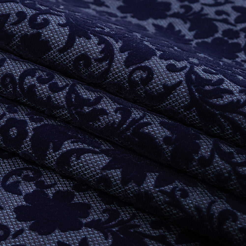 Navy Flocked Classical Florals on Diamond Cotton and Polyester Dobby Folded Navy Flocked Classical Florals on Diamond Cotton and Polyester Dobby Folded