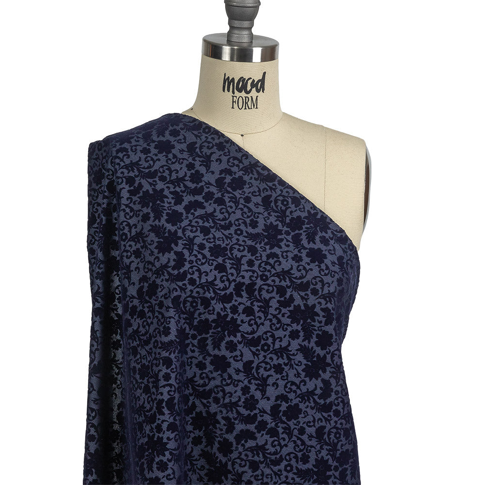 Navy Flocked Classical Florals on Diamond Cotton and Polyester Dobby Drape Navy Flocked Classical Florals on Diamond Cotton and Polyester Dobby Drape