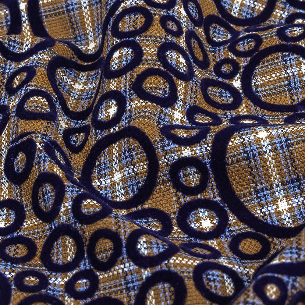 Tan, White and Navy Flocked Circles on Plaid Rustic Cotton and Polyester Woven Folded Tan, White and Navy Flocked Circles on Plaid Rustic Cotton and Polyester Woven Folded