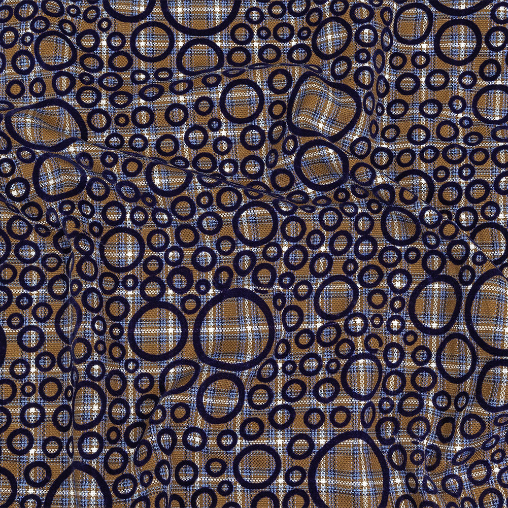 Tan, White and Navy Flocked Circles on Plaid Rustic Cotton and Polyester Woven Tan, White and Navy Flocked Circles on Plaid Rustic Cotton and Polyester Woven