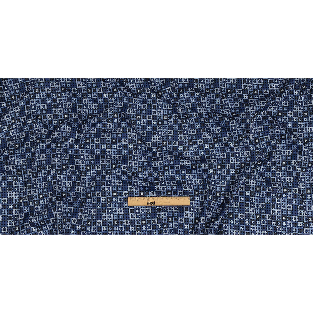 Navy Flocked Polka Dots on White, Twilight Blue and Maritime Blue Squares Stretch Cotton Twill Full Navy Flocked Polka Dots on White, Twilight Blue and Maritime Blue Squares Stretch Cotton Twill Full