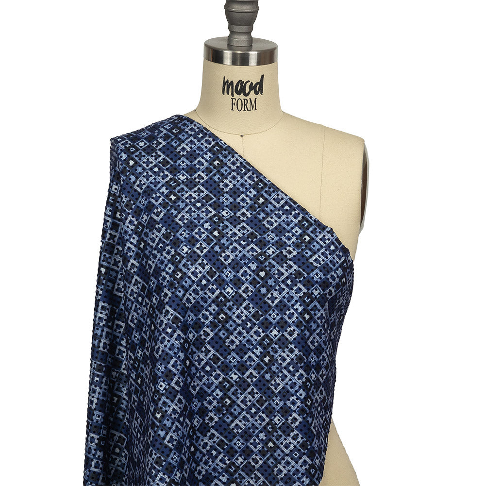 Navy Flocked Polka Dots on White, Twilight Blue and Maritime Blue Squares Stretch Cotton Twill Drape Navy Flocked Polka Dots on White, Twilight Blue and Maritime Blue Squares Stretch Cotton Twill Drape