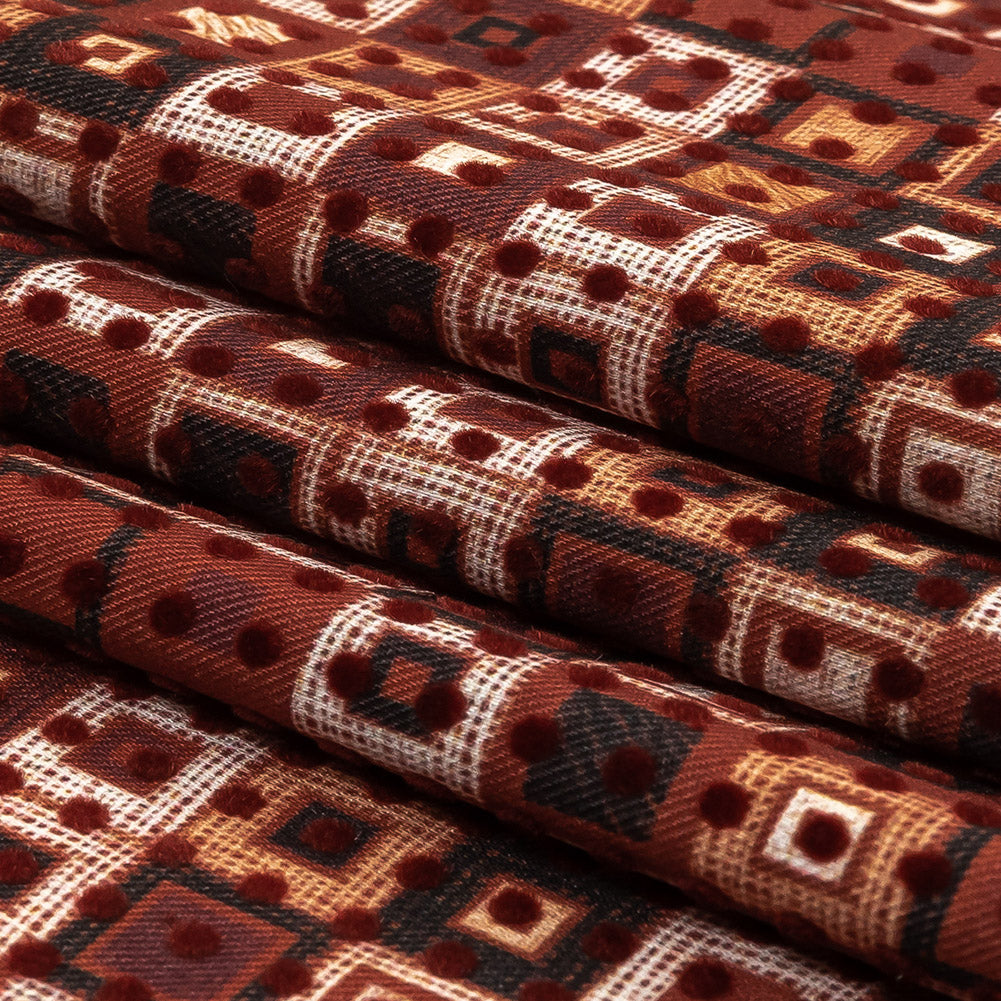 Burgundy Flocked Polka Dots on Russet Brown, Yellow and Black Bean Squares Stretch Cotton Twill Folded Burgundy Flocked Polka Dots on Russet Brown, Yellow and Black Bean Squares Stretch Cotton Twill Folded