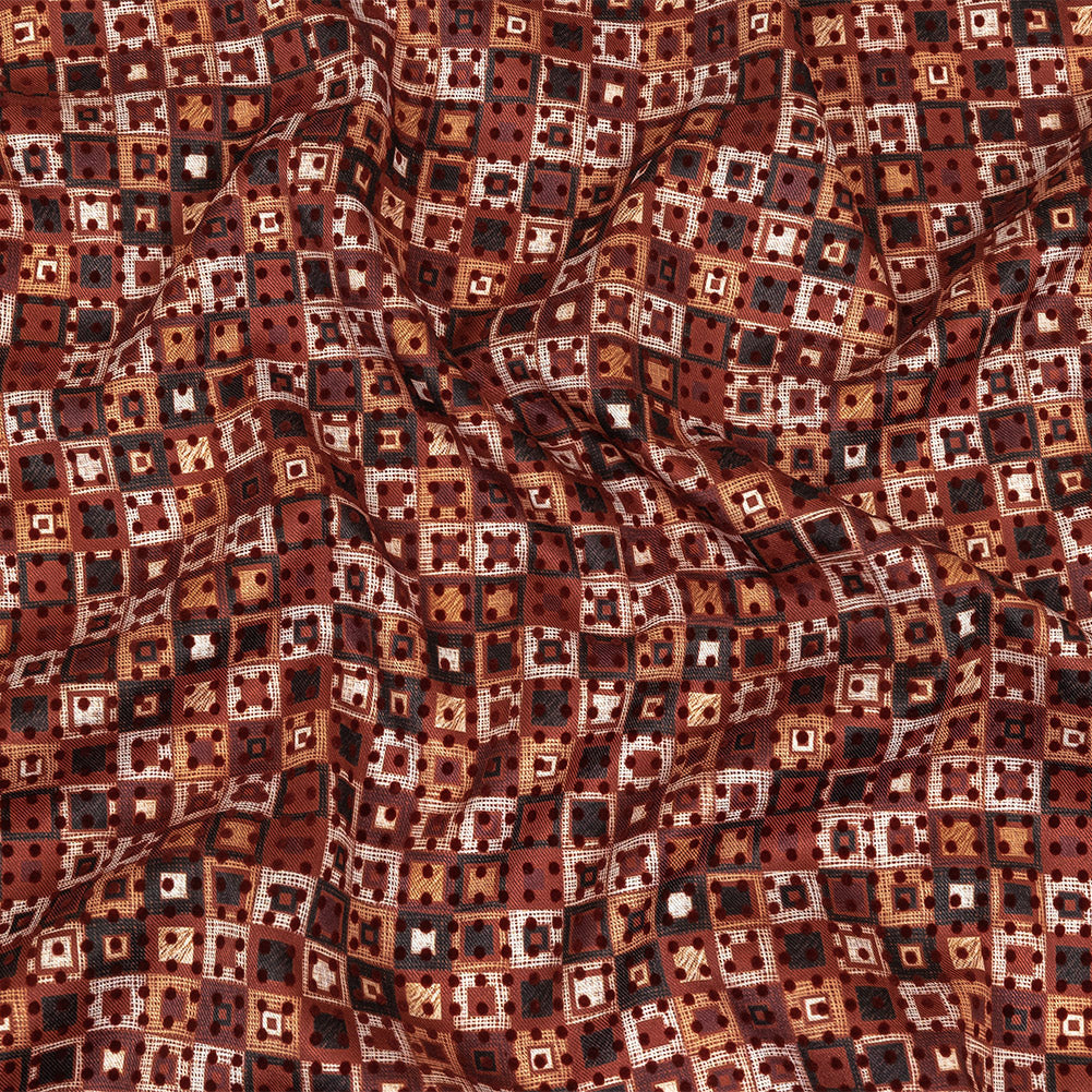 Burgundy Flocked Polka Dots on Russet Brown, Yellow and Black Bean Squares Stretch Cotton Twill Burgundy Flocked Polka Dots on Russet Brown, Yellow and Black Bean Squares Stretch Cotton Twill