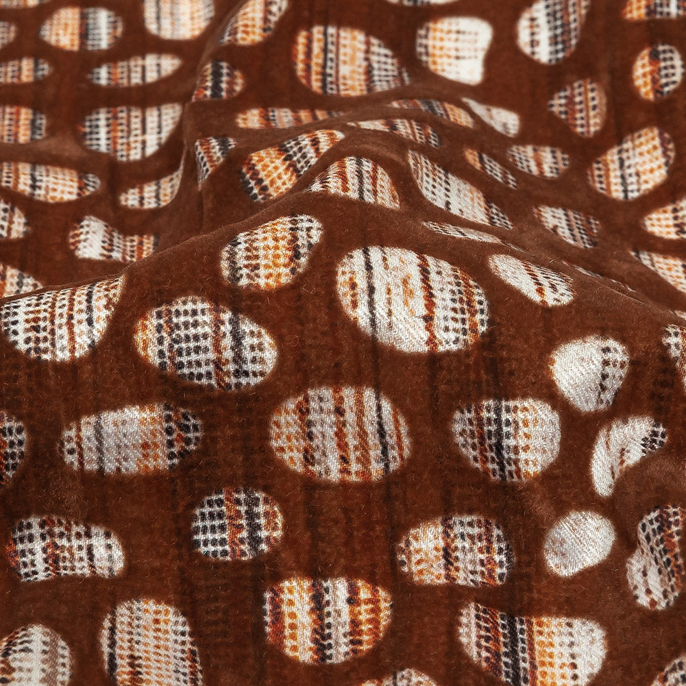 Brown Flocked Bubbles on Brown, Orange and White Distressed Stripes Printed Stretch Cotton Twill Detail Brown Flocked Bubbles on Brown, Orange and White Distressed Stripes Printed Stretch Cotton Twill Detail