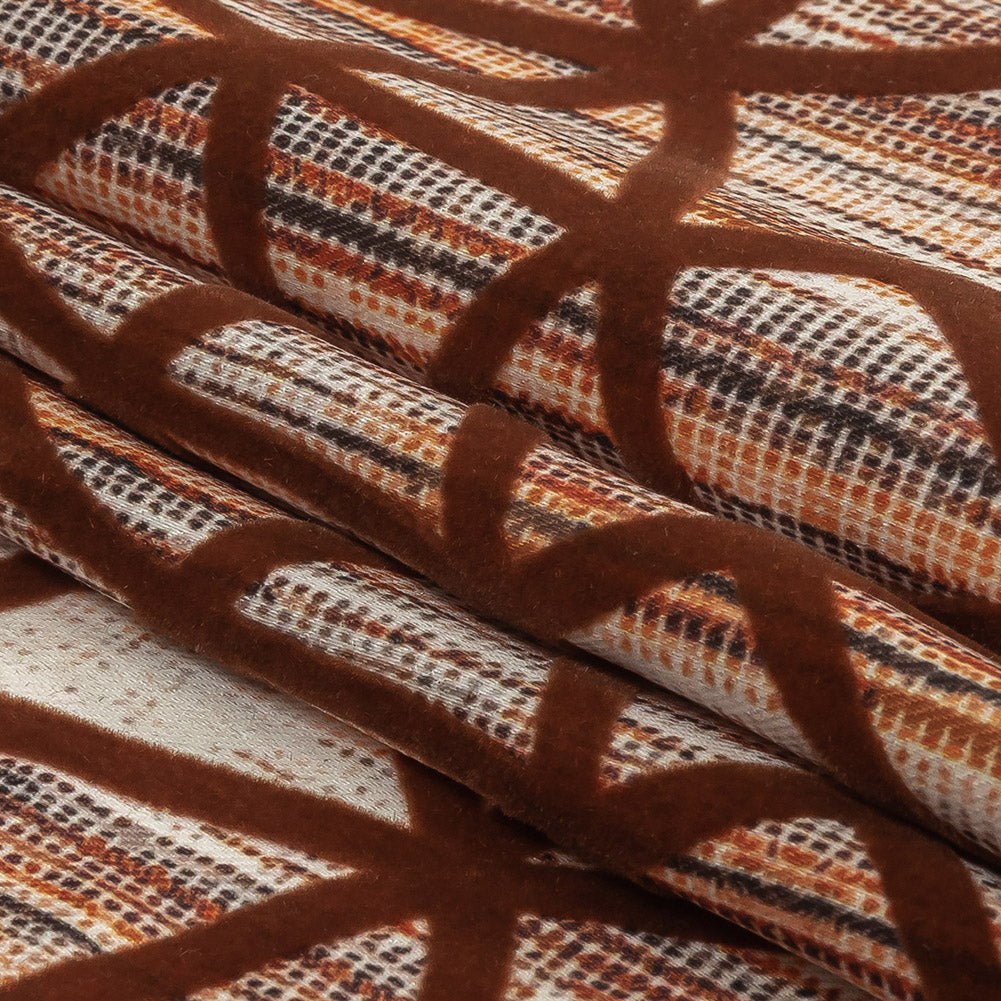 Brown Flocked Geometric Web on Brown, Orange and White Distressed Stripes Stretch Cotton Twill Folded Brown Flocked Geometric Web on Brown, Orange and White Distressed Stripes Stretch Cotton Twill Folded