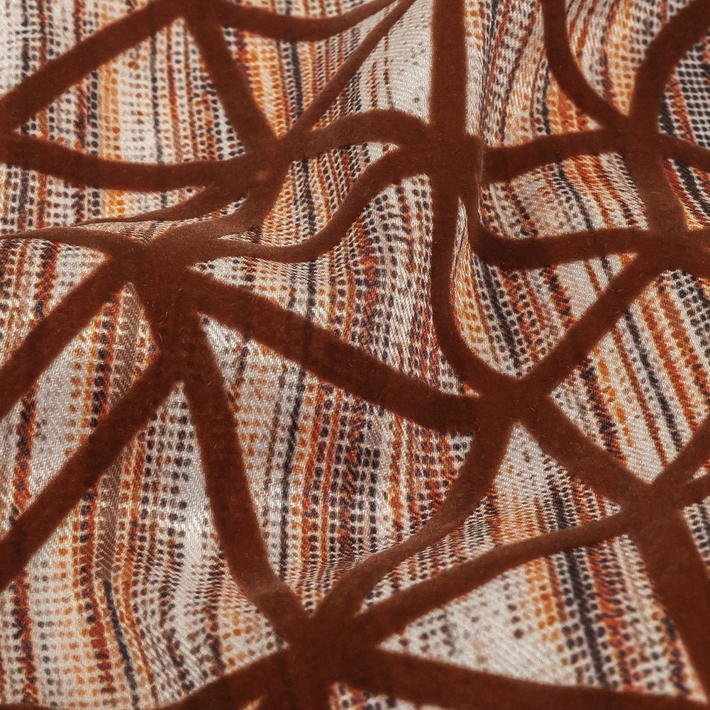 Brown Flocked Geometric Web on Brown, Orange and White Distressed Stripes Stretch Cotton Twill Detail Brown Flocked Geometric Web on Brown, Orange and White Distressed Stripes Stretch Cotton Twill Detail