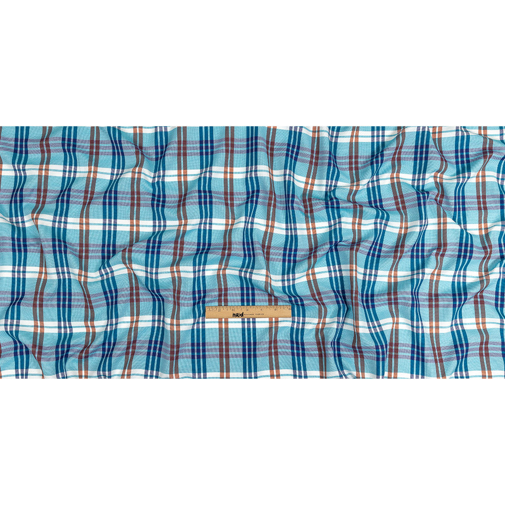 Blue, Orange and White Plaid Cotton and Polyester Dobby Full Blue, Orange and White Plaid Cotton and Polyester Dobby Full