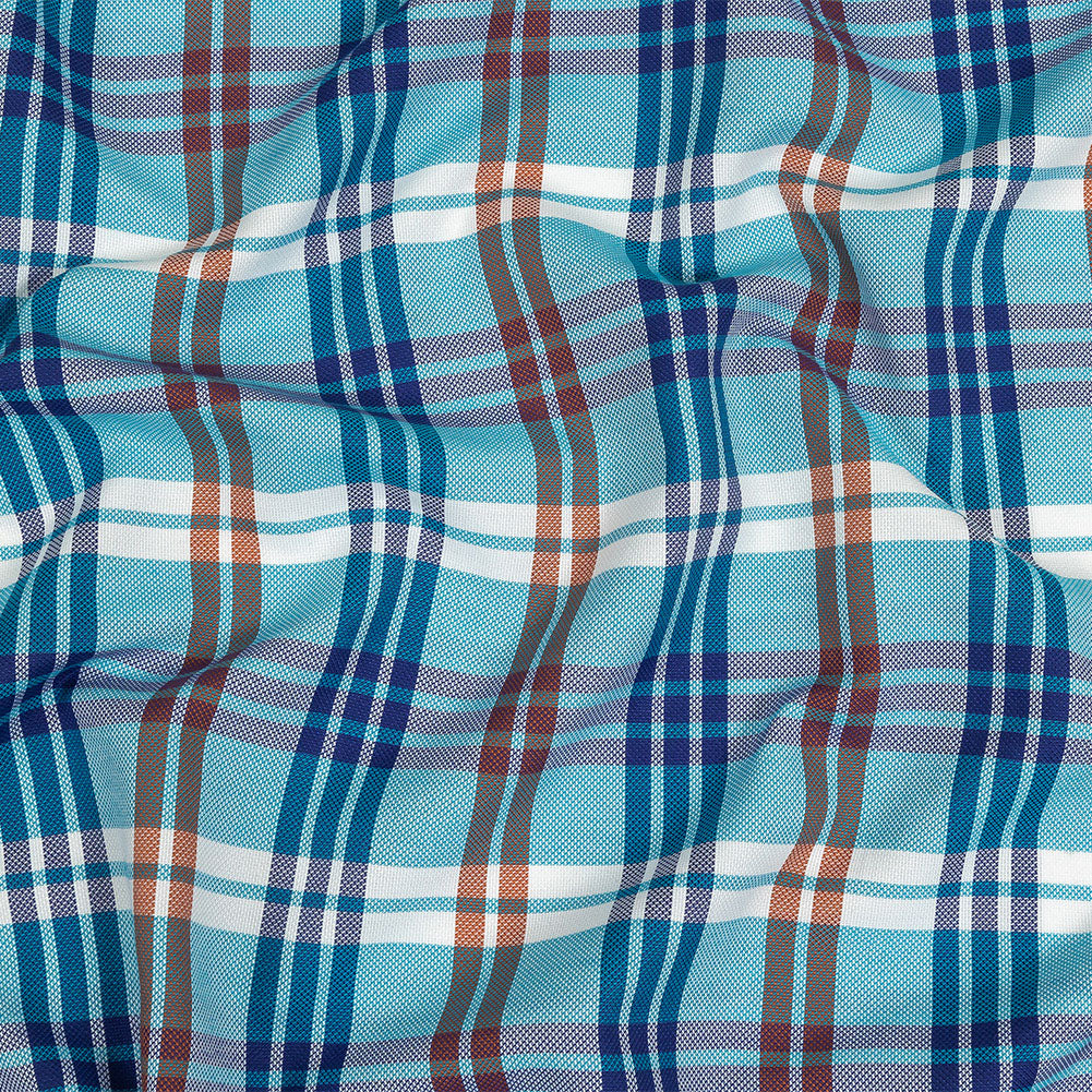 Blue, Orange and White Plaid Cotton and Polyester Dobby Blue, Orange and White Plaid Cotton and Polyester Dobby