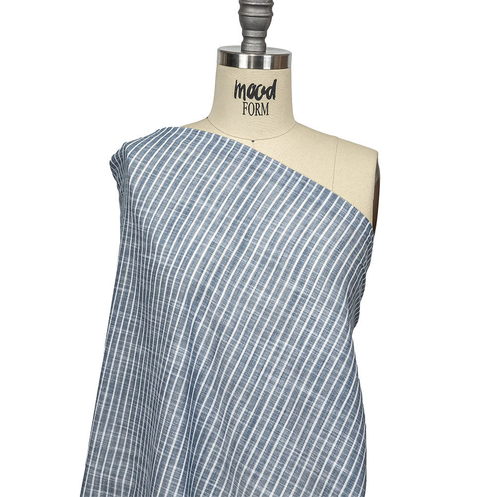Colony Blue and White Striped Slubbed Cotton and Polyester Woven Drape Colony Blue and White Striped Slubbed Cotton and Polyester Woven Drape