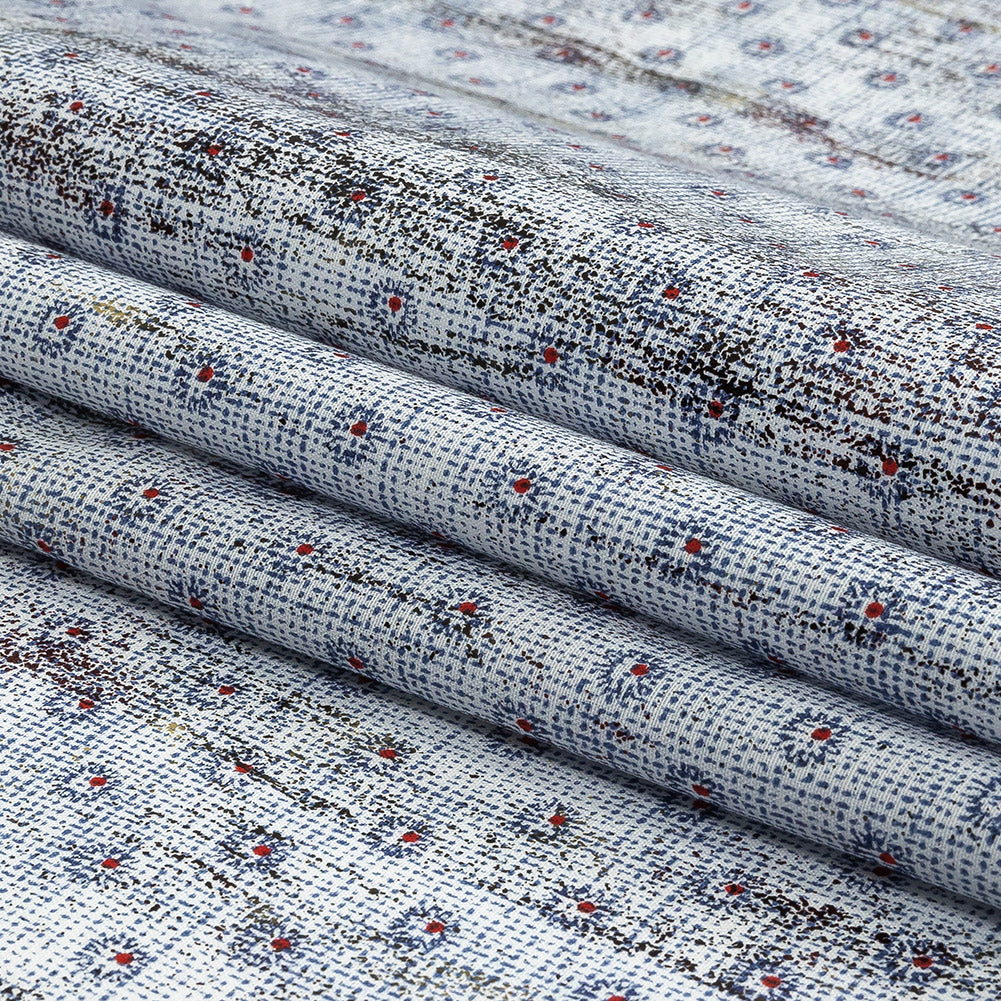 Red and Blue Flowers and Dots Cotton and Polyester Shirting with Distressed Foil Topcoat Folded Red and Blue Flowers and Dots Cotton and Polyester Shirting with Distressed Foil Topcoat Folded