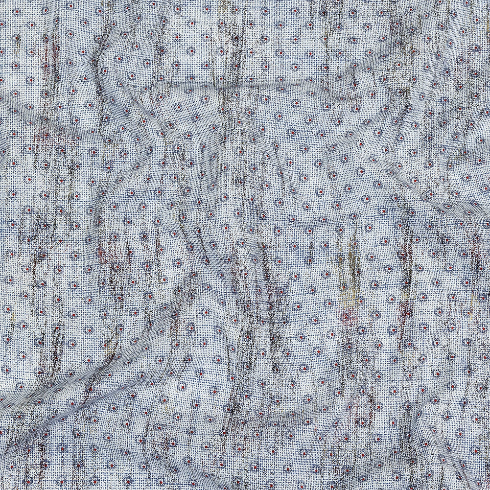 Red and Blue Flowers and Dots Cotton and Polyester Shirting with Distressed Foil Topcoat Red and Blue Flowers and Dots Cotton and Polyester Shirting with Distressed Foil Topcoat