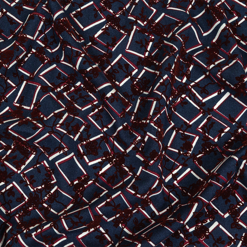 Burgundy, White and Navy Flocked Florals on Tossed Squares Printed Viscose Woven Burgundy, White and Navy Flocked Florals on Tossed Squares Printed Viscose Woven