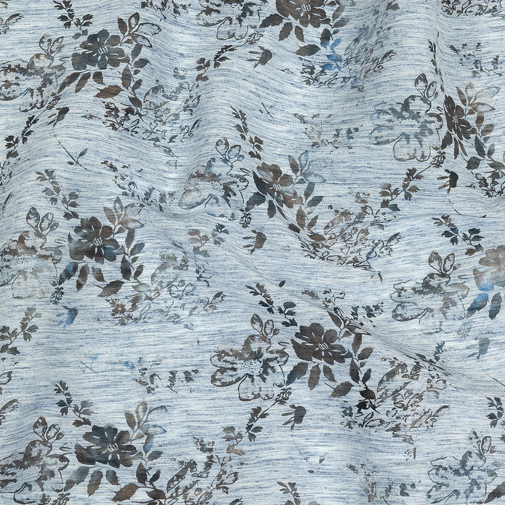Soft Blue and Gunmetal Foiled Flowers Striated Stretch Cotton Woven Soft Blue and Gunmetal Foiled Flowers Striated Stretch Cotton Woven
