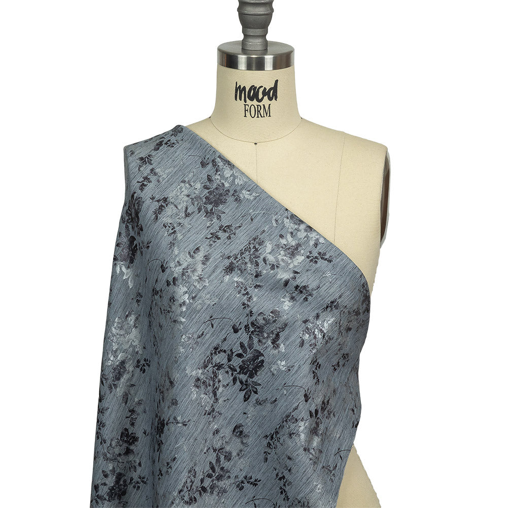 Steel Blue, Silver and Gunmetal Foiled Flowers Striated Stretch Cotton Woven Drape Steel Blue, Silver and Gunmetal Foiled Flowers Striated Stretch Cotton Woven Drape