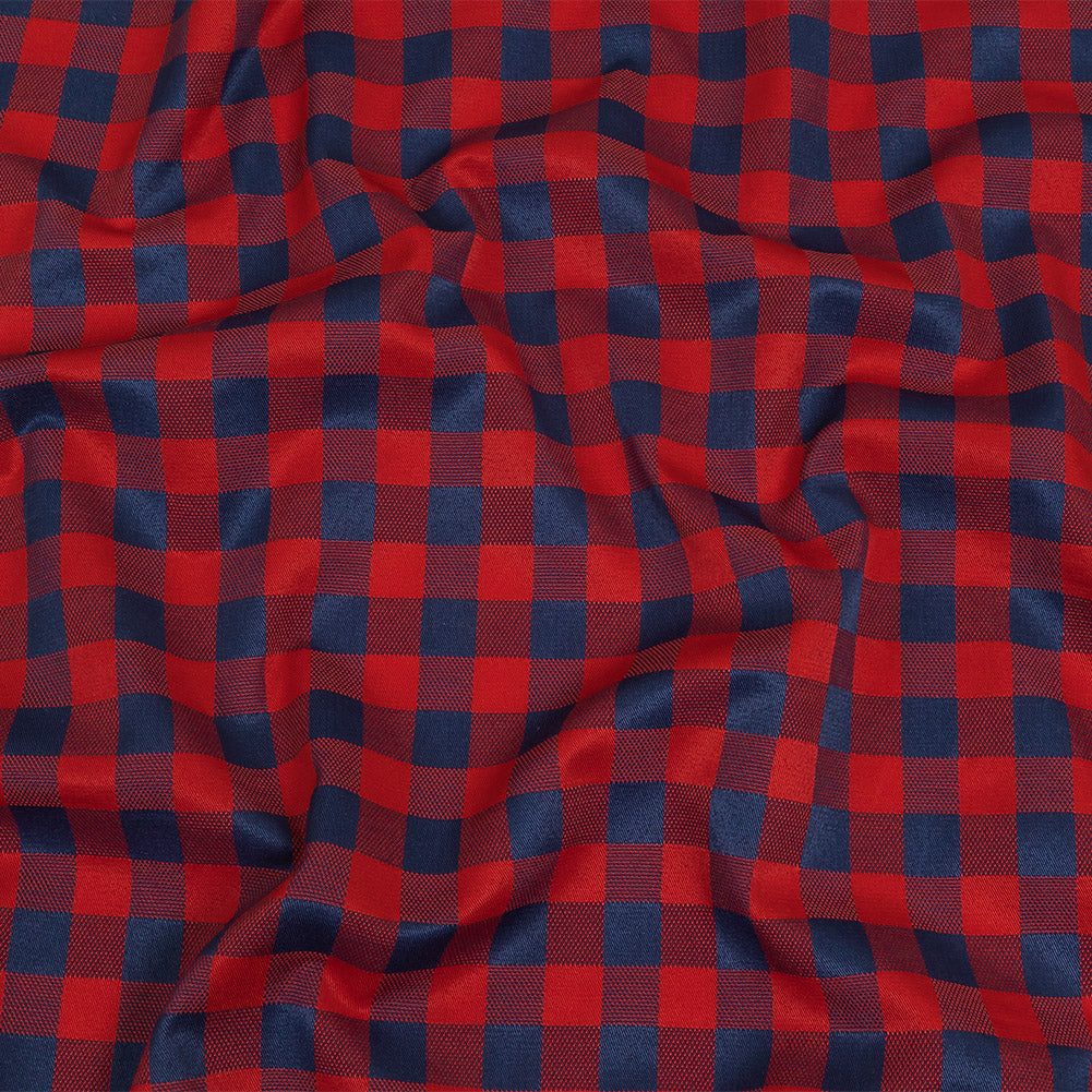 Red and Navy Checkered Cotton and Polyester Dobby Red and Navy Checkered Cotton and Polyester Dobby