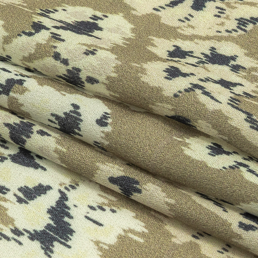 Viscose Crepe Print - Beige, Black and Ecru Ikat Florals - Mood Exclusive Exquisite Etchings Folded Viscose Crepe Print - Beige, Black and Ecru Ikat Florals - Mood Exclusive Exquisite Etchings Folded