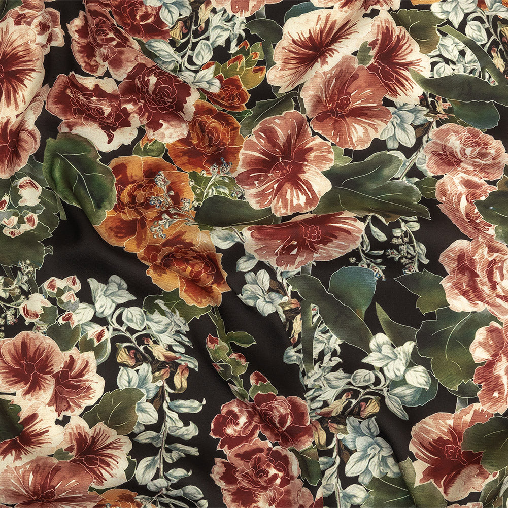 Polyester Charmeuse Print - Black, Red and Blue Floral - Mood Exclusive Misty Morning Polyester Charmeuse Print - Black, Red and Blue Floral - Mood Exclusive Misty Morning