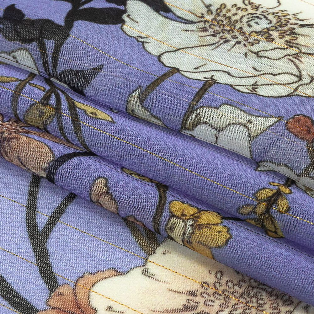 Polyester Chiffon Print with Metallic Pinstripes - Lavender and White Floral - Mood Exclusive Ornamental Orchestra Folded Polyester Chiffon Print with Metallic Pinstripes - Lavender and White Floral - Mood Exclusive Ornamental Orchestra Folded