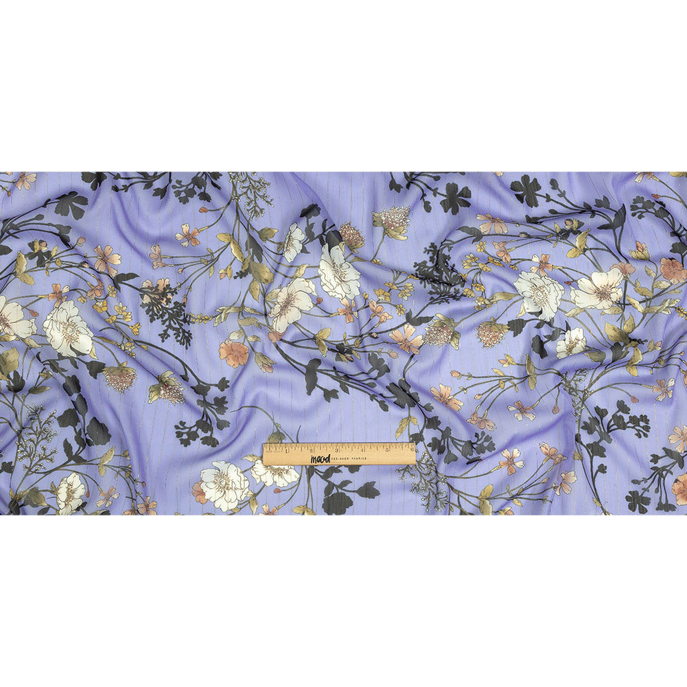 Polyester Chiffon Print with Metallic Pinstripes - Lavender and White Floral - Mood Exclusive Ornamental Orchestra Full Polyester Chiffon Print with Metallic Pinstripes - Lavender and White Floral - Mood Exclusive Ornamental Orchestra Full