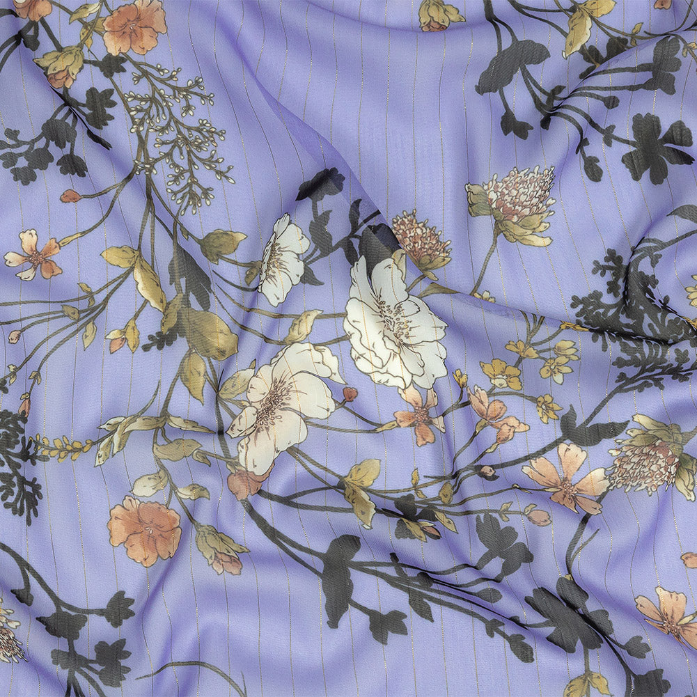 Polyester Chiffon Print with Metallic Pinstripes - Lavender and White Floral - Mood Exclusive Ornamental Orchestra Polyester Chiffon Print with Metallic Pinstripes - Lavender and White Floral - Mood Exclusive Ornamental Orchestra