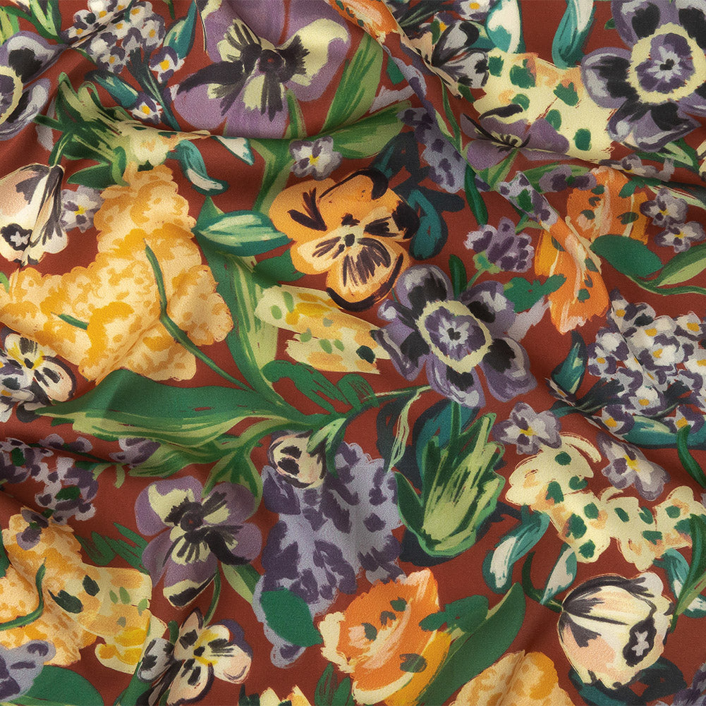 Polyester Crepe de Chine Print - Burnt Russet Brown, Yellow and Purple Floral - Mood Exclusive Language of Flowers Polyester Crepe de Chine Print - Burnt Russet Brown, Yellow and Purple Floral - Mood Exclusive Language of Flowers