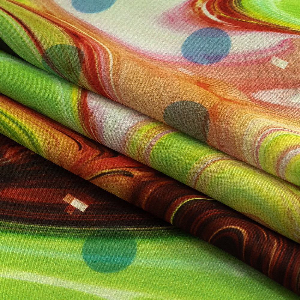 Polyester Charmeuse Print - Lime Green, Pink and Brown Abstract Swirls and Polka Dots - Mood Exclusive Interstellar Folded Polyester Charmeuse Print - Lime Green, Pink and Brown Abstract Swirls and Polka Dots - Mood Exclusive Interstellar Folded