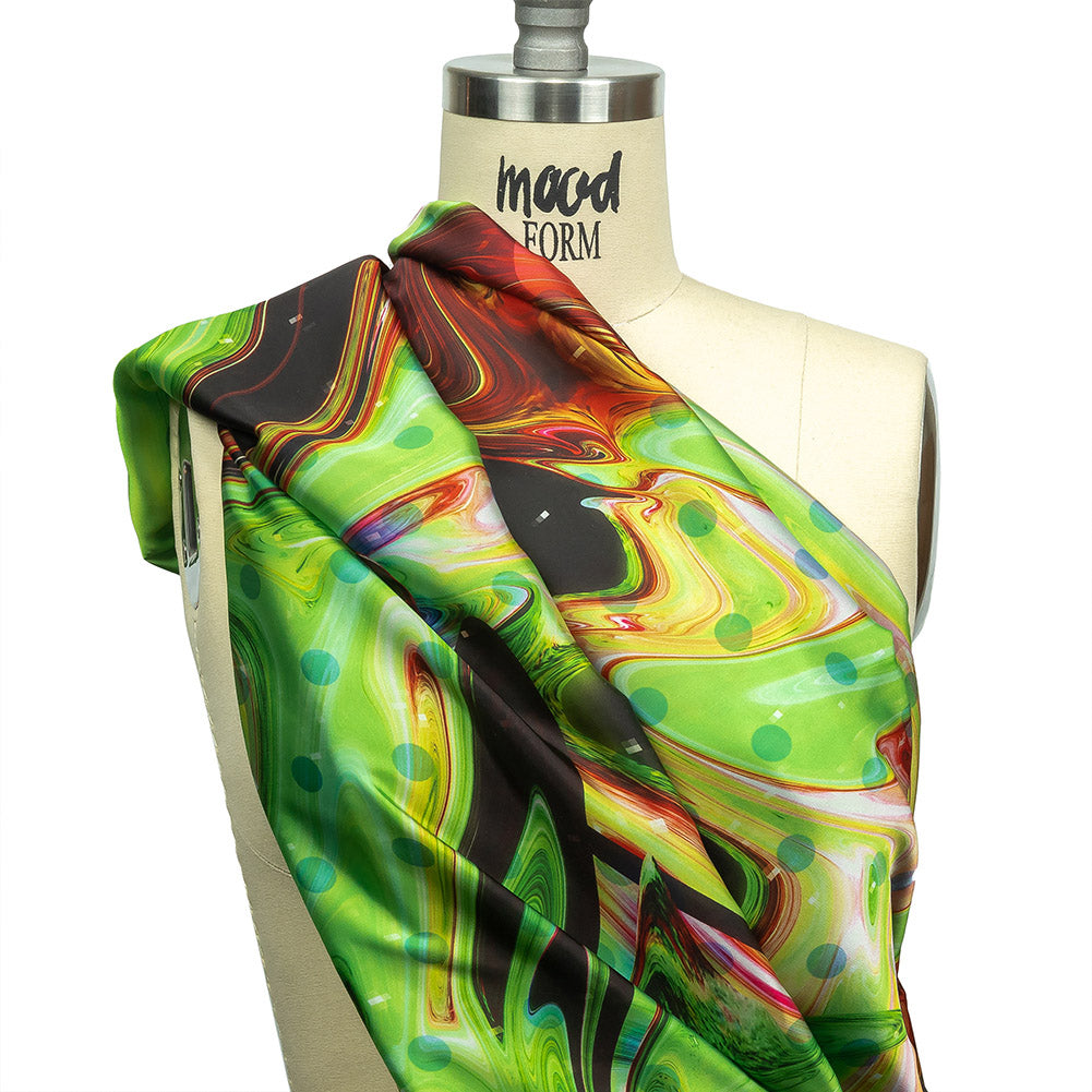 Polyester Charmeuse Print - Lime Green, Pink and Brown Abstract Swirls and Polka Dots - Mood Exclusive Interstellar Drape Polyester Charmeuse Print - Lime Green, Pink and Brown Abstract Swirls and Polka Dots - Mood Exclusive Interstellar Drape