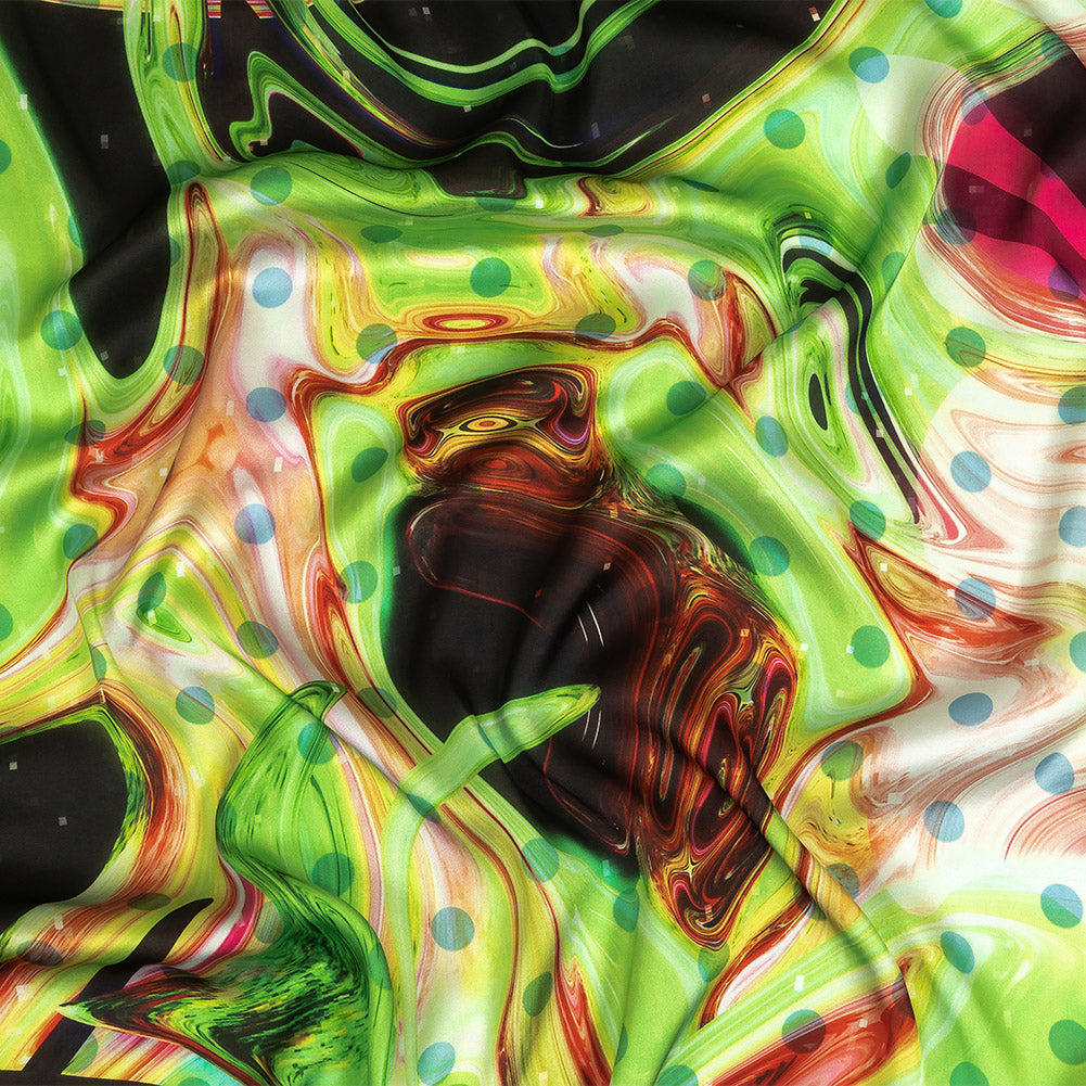 Polyester Charmeuse Print - Lime Green, Pink and Brown Abstract Swirls and Polka Dots - Mood Exclusive Interstellar Polyester Charmeuse Print - Lime Green, Pink and Brown Abstract Swirls and Polka Dots - Mood Exclusive Interstellar
