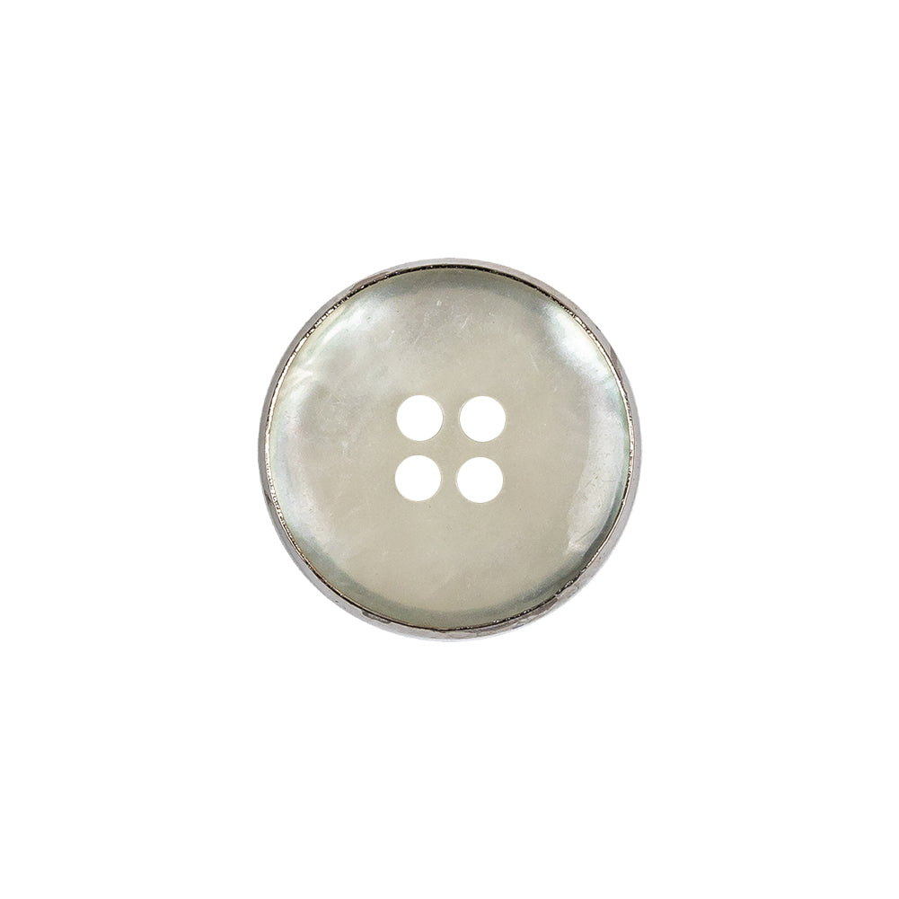 Italian Iridescent White 4 Hole Button with Silver Metal Rim - 28L/18mm Detail Italian Iridescent White 4 Hole Button with Silver Metal Rim - 28L/18mm Detail