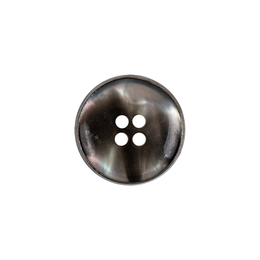 Italian Iridescent Gray 4 Hole Button with Gunmetal Rim - 28L/18mm Detail Italian Iridescent Gray 4 Hole Button with Gunmetal Rim - 28L/18mm Detail