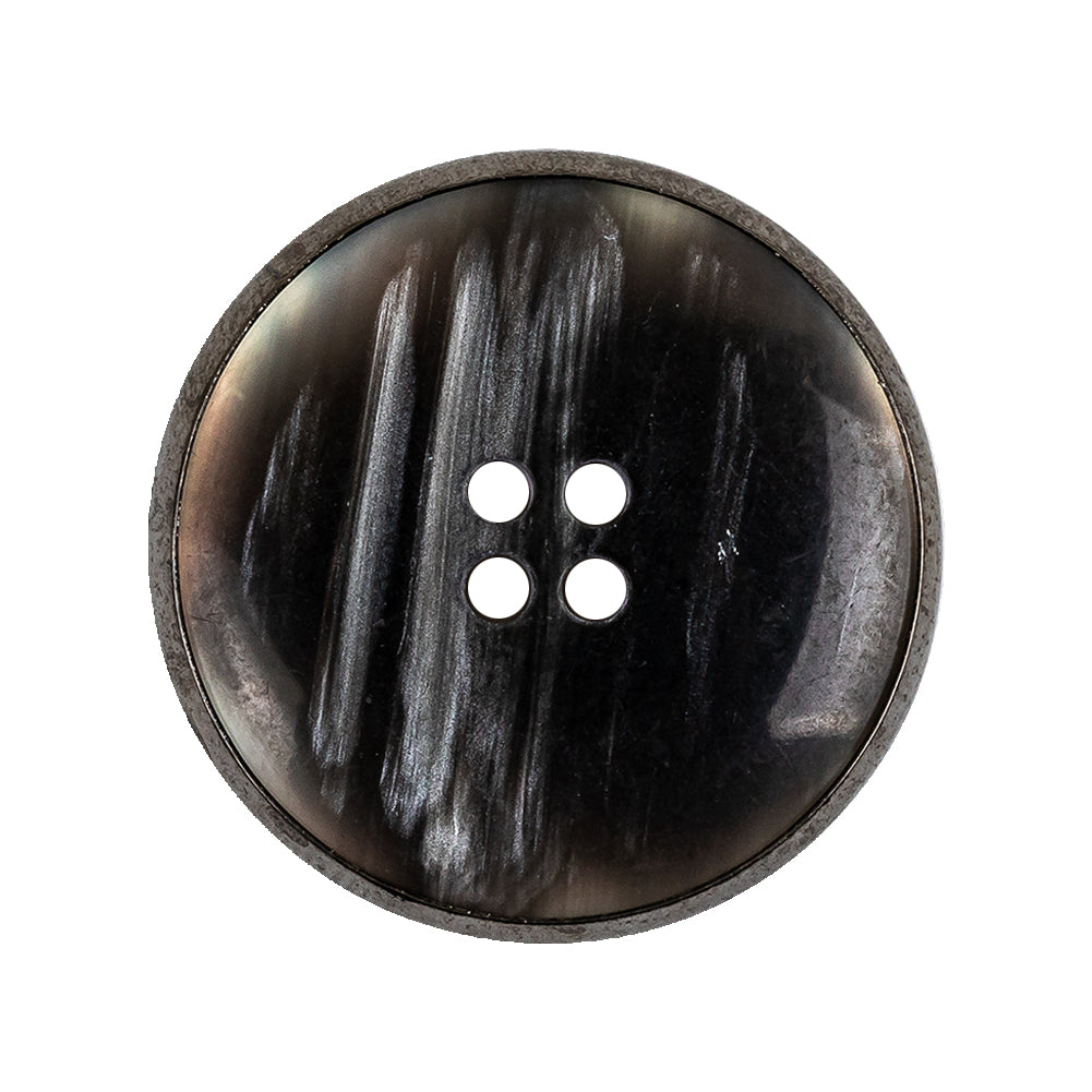 Italian Iridescent Gray 4 Hole Button with Gunmetal Rim - 44L/28mm Detail Italian Iridescent Gray 4 Hole Button with Gunmetal Rim - 44L/28mm Detail