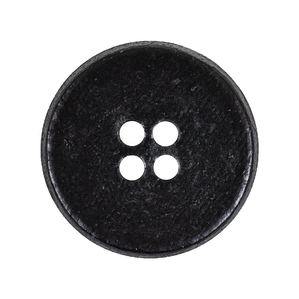 Italian Black Low Convex Leather 4-Hole Button - 44L/28mm Detail Italian Black Low Convex Leather 4-Hole Button - 44L/28mm Detail