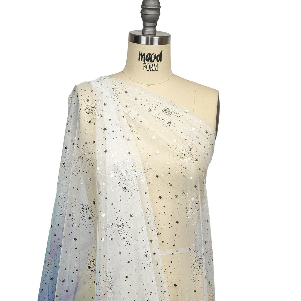Blue, White and Silver Starry Border Printed Tulle - Drape Blue, White and Silver Starry Border Printed Tulle - Drape
