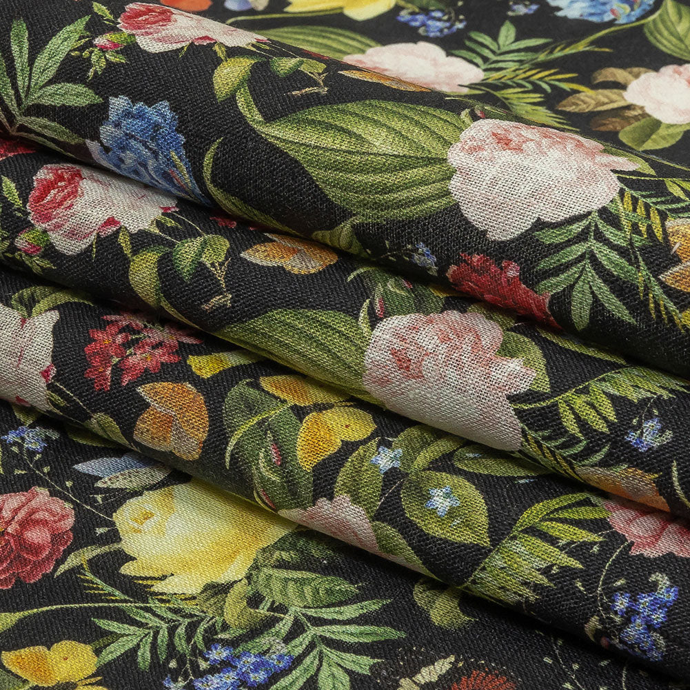 Black, Pink and Yellow Butterfly Garden Medium Weight Linen Woven Folded Black, Pink and Yellow Butterfly Garden Medium Weight Linen Woven Folded