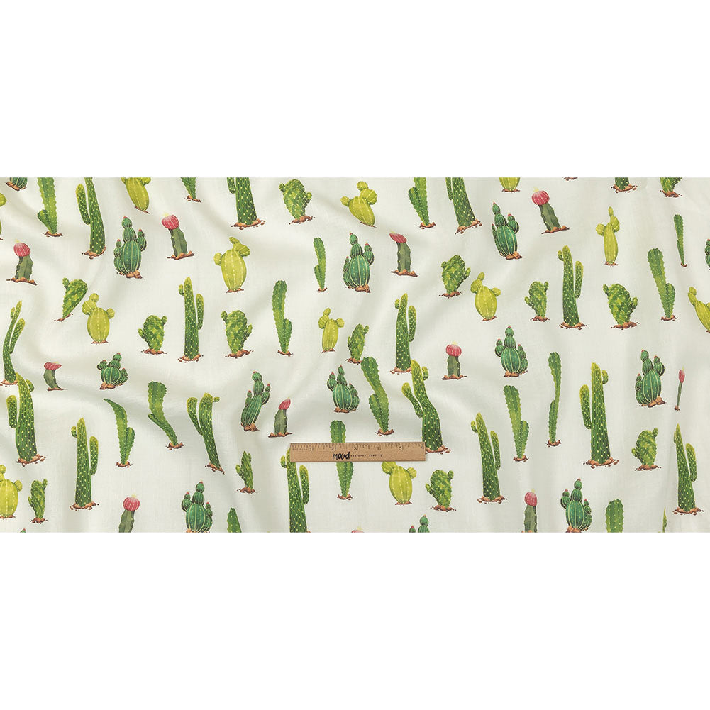Green and Ivory Cactuses Medium Weight Linen Woven Full Green and Ivory Cactuses Medium Weight Linen Woven Full