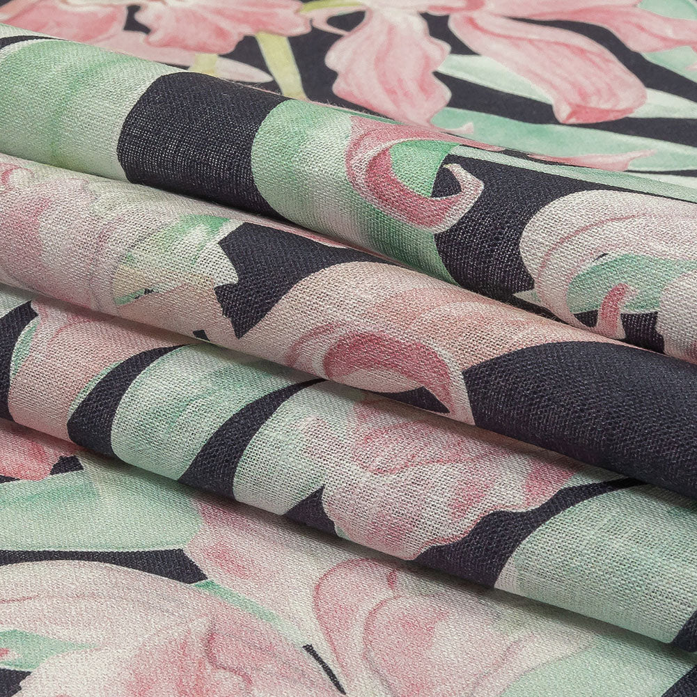 Pink, Green and Black Lilies Medium Weight Linen Woven Folded Pink, Green and Black Lilies Medium Weight Linen Woven Folded