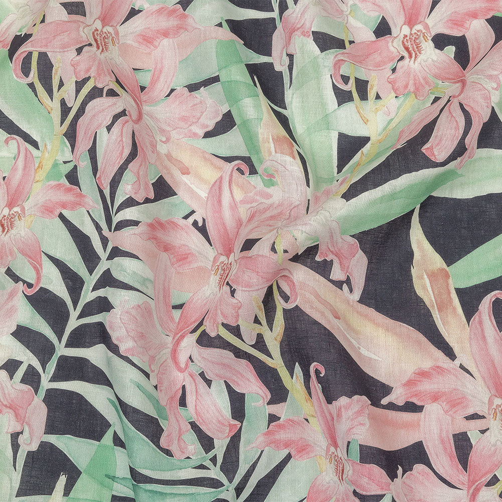 Pink, Green and Black Lilies Medium Weight Linen Woven Pink, Green and Black Lilies Medium Weight Linen Woven