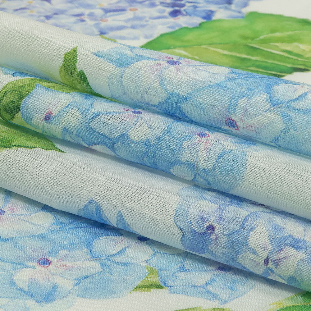 Blue, Green and White Hydrangeas Medium Weight Linen Woven Folded Blue, Green and White Hydrangeas Medium Weight Linen Woven Folded