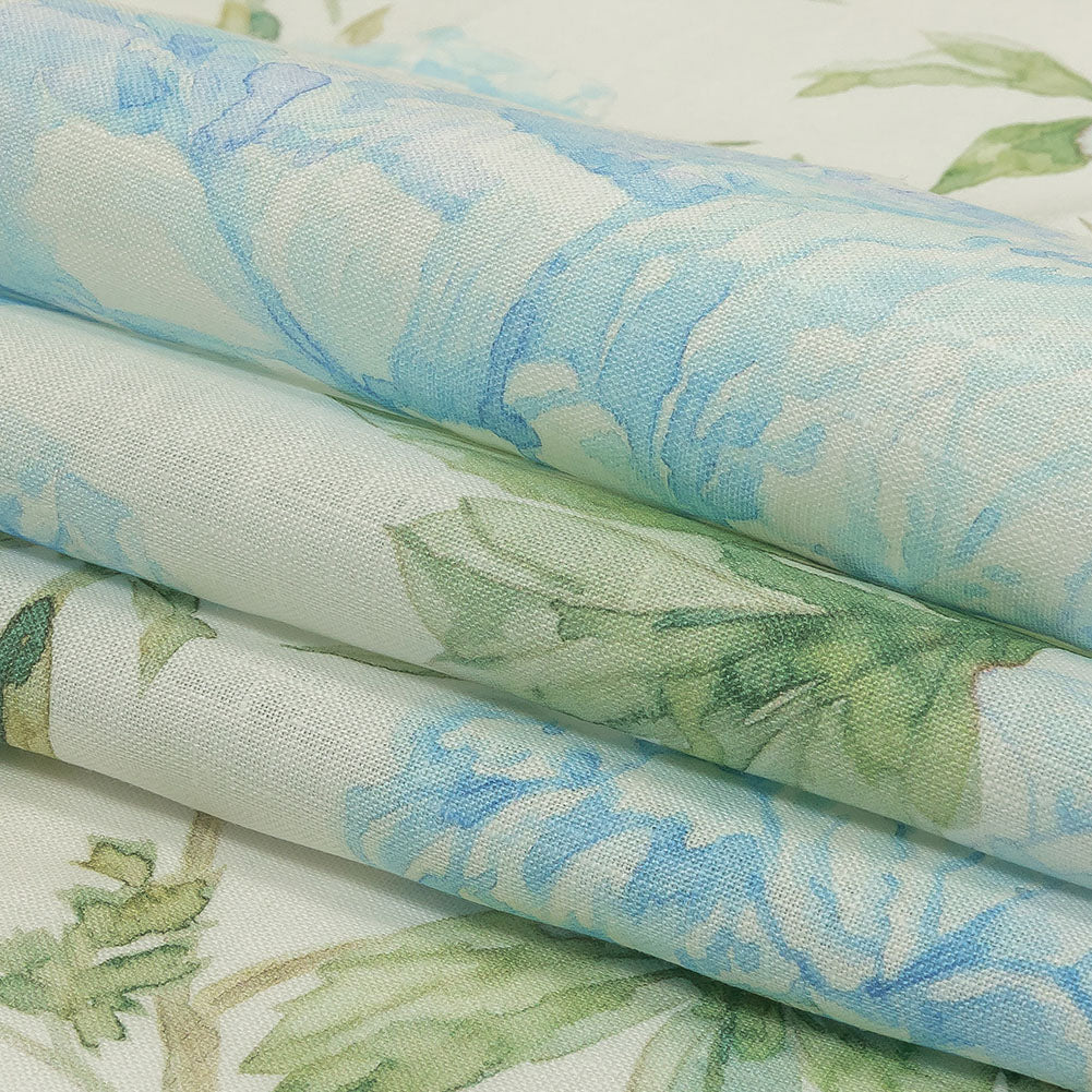 Blue, Green and White Watercolor Roses Medium Weight Linen Woven Folded Blue, Green and White Watercolor Roses Medium Weight Linen Woven Folded