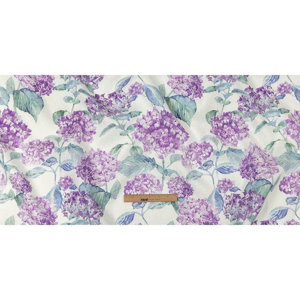 Purple, Green and White Hydrangeas Medium Weight Linen Woven Full Purple, Green and White Hydrangeas Medium Weight Linen Woven Full