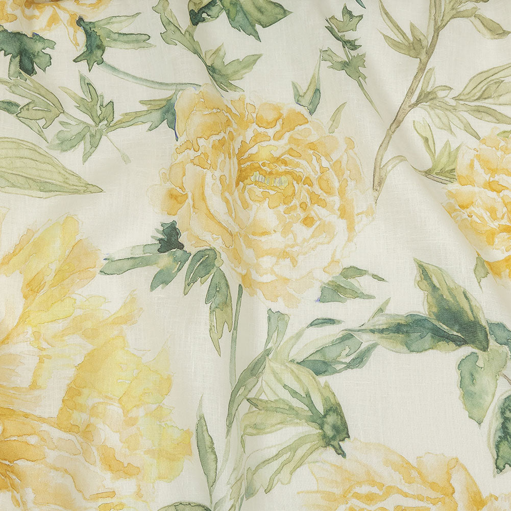 Yellow, Green and White Watercolor Roses Medium Weight Linen Woven Yellow, Green and White Watercolor Roses Medium Weight Linen Woven